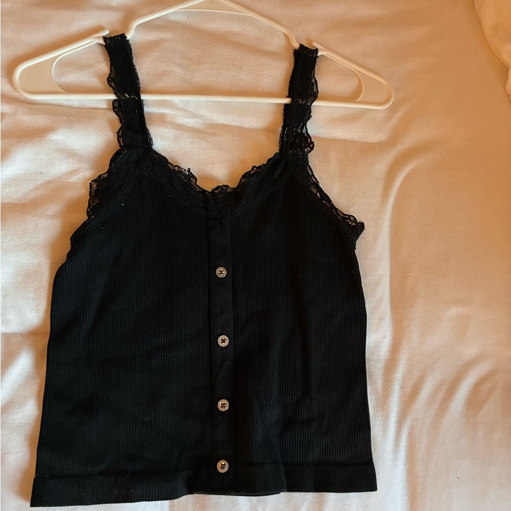 Black Lace Trim Button-Up Women's Top